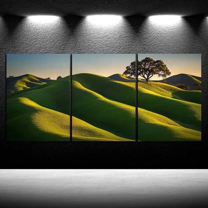 3pcs The Hill at Sunrise Green Themed Metal Print Ready to Hang Art