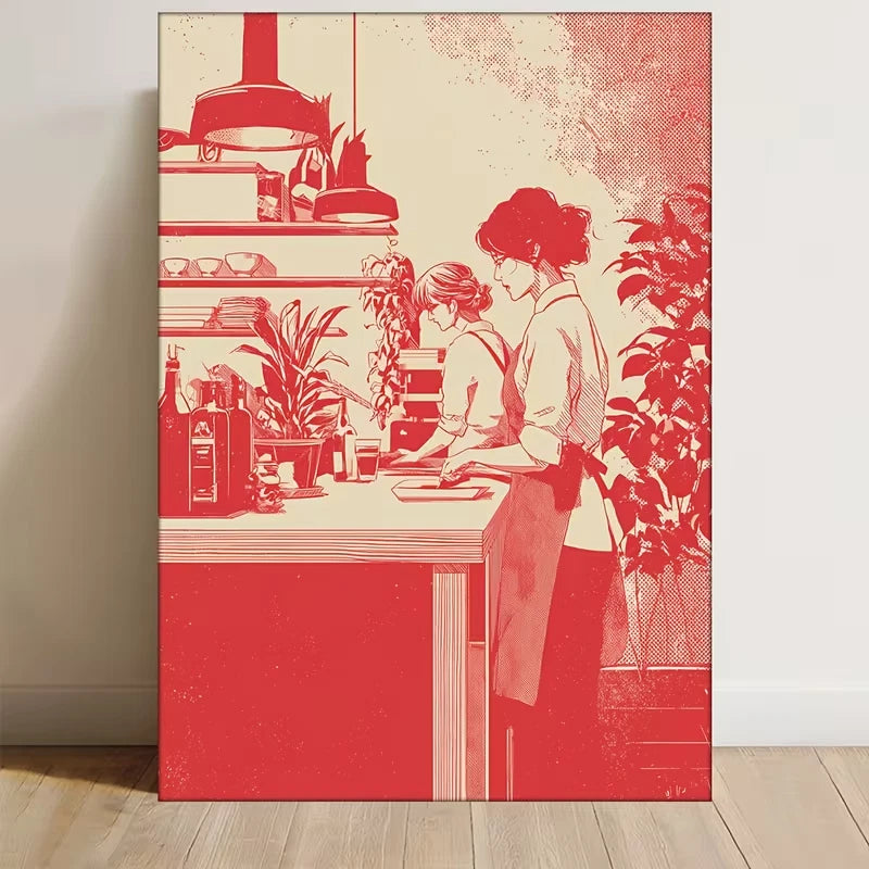 Red & Beige Vintage Dining Metal Print Ready to Hang