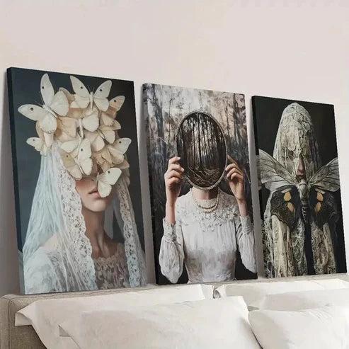 3pcs Illustrations of Women and Insects Wall Art Canvas Unframed - High Quality Print 100% Australian Made Wall Canvas