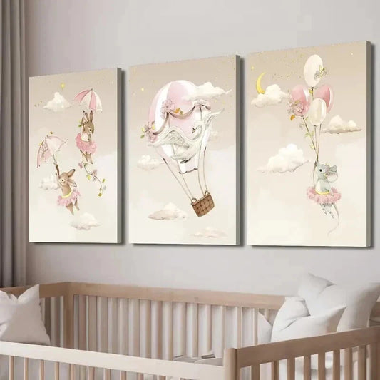 3pcs Swan Rabbit & Mouse on Hot Air Balloon Wall Art Set Canvas Framed 60x90cm - High Quality Print 100% Australian Made Wall Canvas Ready to Hang