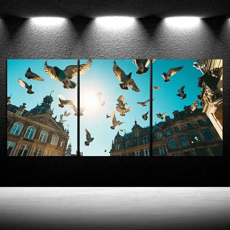 3pcs Flying Pigeons Blue Sky Clouds Metal Print Ready to Hang Art - Bella Home Decor