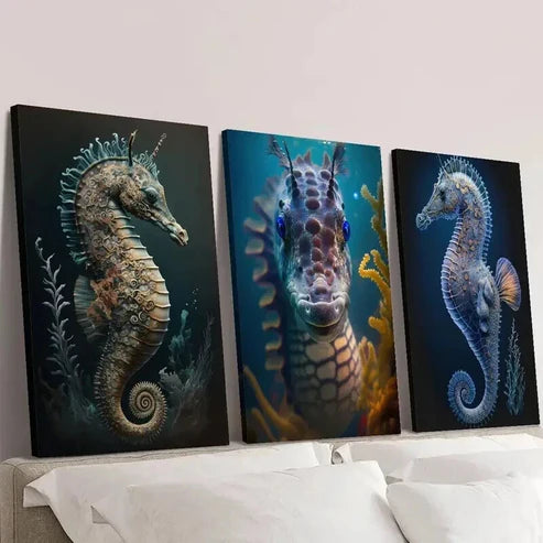 3pcs Seahorse Swimming in Water Wall Art Canvas Unframed - High Quality Print 100% Australian Made Wall Canvas