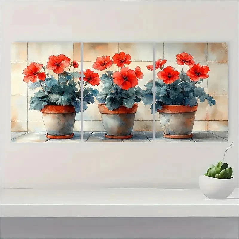 3pcs Watercolor Art Print Red Flowers IU Wall Art Set Canvas Framed 50x70cm - High Quality Print 100% Australian Made Wall Canvas Ready to Hang - Bella Home Decor
