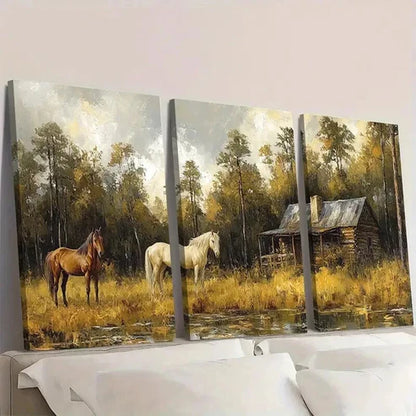 3pcs Green Forest Cabin Horse Abstract Painting  Wall Art Set Canvas Unframed - High Quality Print 100% Australian Made Wall Canvas