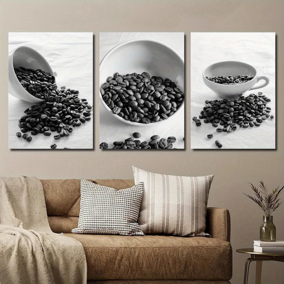 3pcs Coffee Bean Black & White Design Metal Print Ready to Hang Art - Bella Home Decor