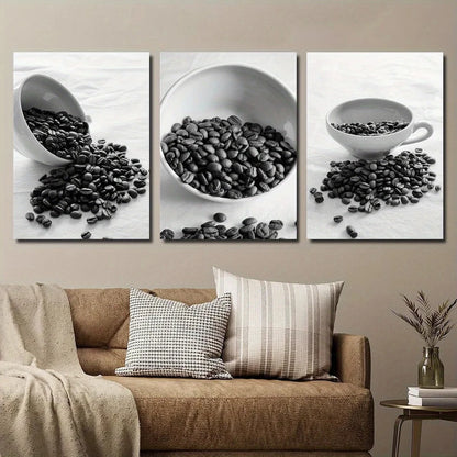 3pcs Coffee Bean Black & White Design Metal Print Ready to Hang Art - Bella Home Decor