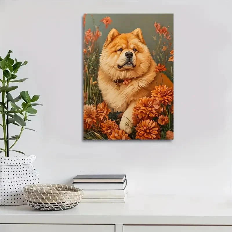 Adorable Chow Chow Dog with Autumn Flowers Painting 40x60cm Metal Print Ready to Hang - Bella Home Decor