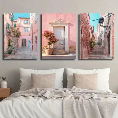 3pcs Italian Urban Pink House & Streets Wall Art Set Canvas Unframed - High Quality Print 100% Australian Made Wall Canvas