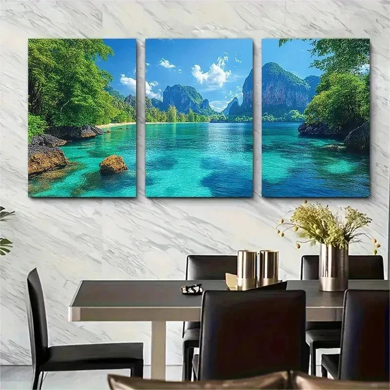 3pcs Vibrant Blue Tropical Seascape Perfect Wall Art Set Canvas Framed 50x70cm - High Quality Print 100% Australian Made Wall Canvas Ready to Hang