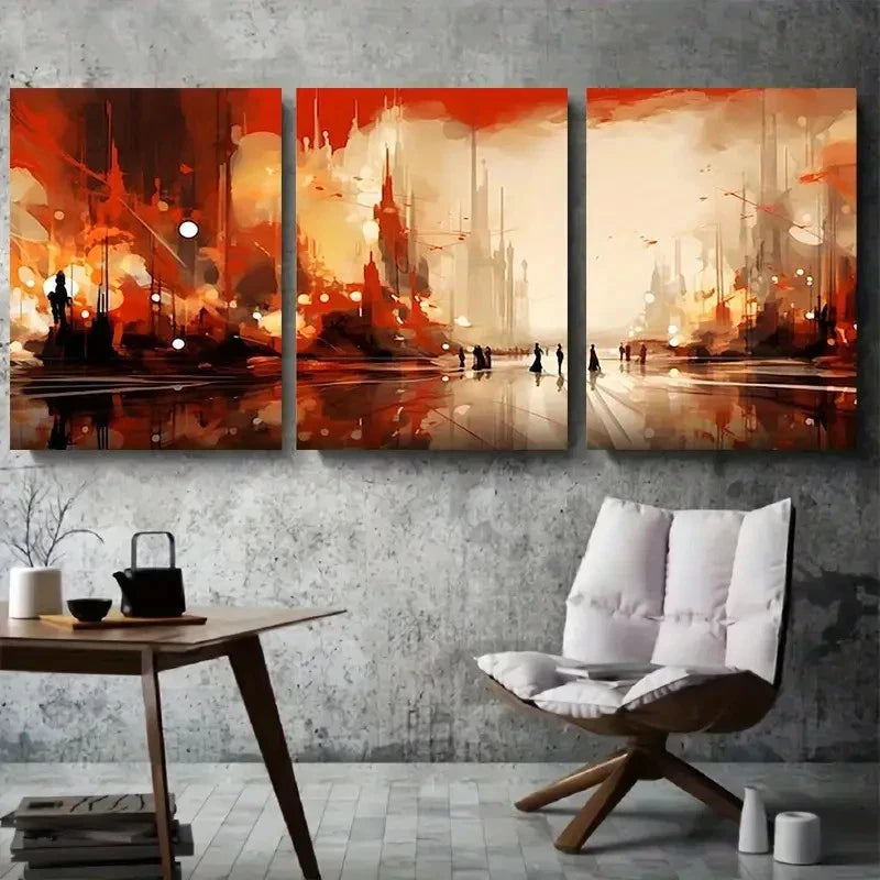 3pcs Dynamic Red Orange SciFi City Metal Print Ready to Hang Art - Bella Home Decor