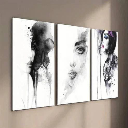 3pcs Black and White Female Portrait  Wall Art Set Canvas Unframed - High Quality Print 100% Australian Made Wall Canvas - Bella Home Decor