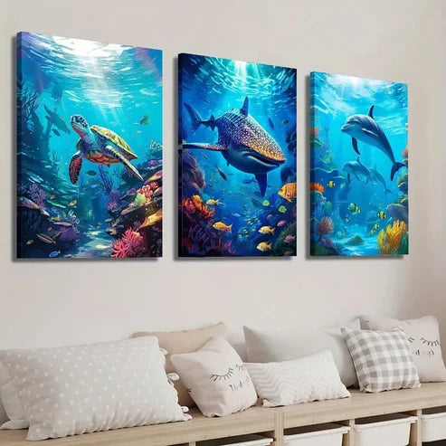 3pcs Underwater World Coral Reef With Animals Wall Art Set Canvas Unframed - High Quality Print 100% Australian Made Wall Canvas