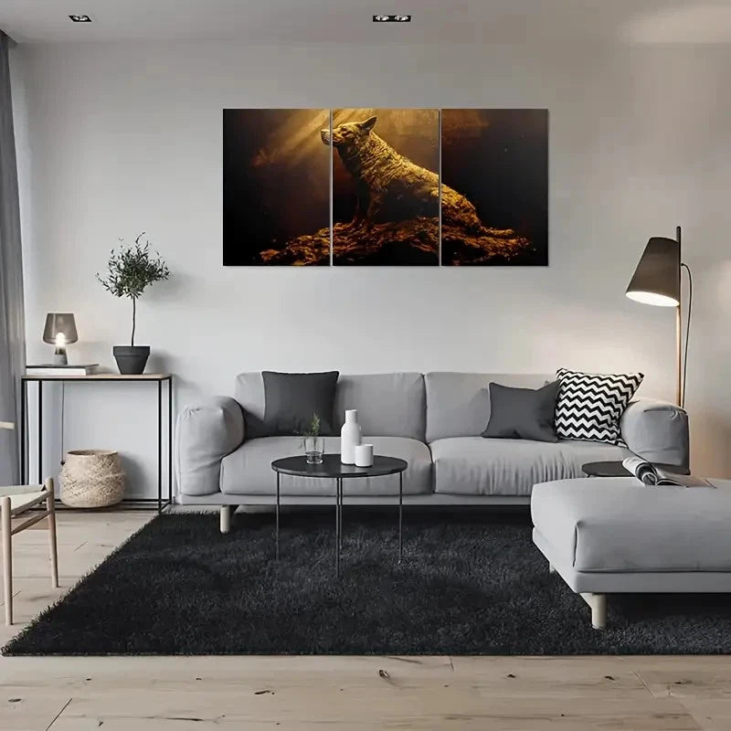 3pcs Golden Wolf Modern Animal Metal Print Ready to Hang Art - Bella Home Decor