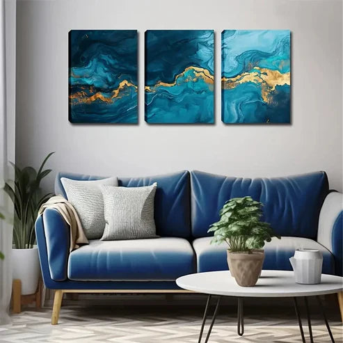 3pcs Dreamy Blue Ocean with Golden Accents Wall Art Set Canvas Unframed - High Quality Print 100% Australian Made Wall Canvas - Bella Home Decor
