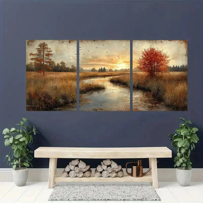 3pcs Impressionist Countryside Golds Nature Wall Art Set Canvas Framed 40x60cm - High Quality Print 100% Australian Made Wall Canvas Ready to Hang - Bella Home Decor