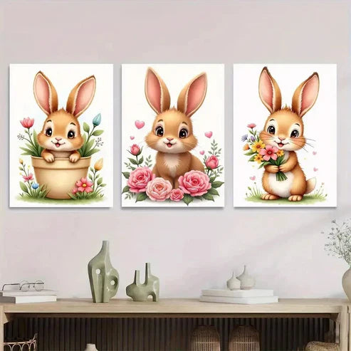 3pcs Charming Bunny Cute Rabbit Paintings flower Wall Art Set Canvas Unframed - High Quality Print 100% Australian Made Wall Canvas - Bella Home Decor