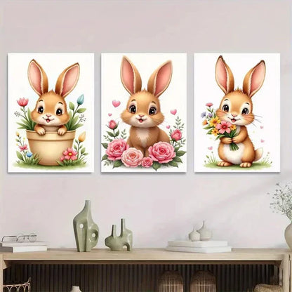 3pcs Charming Bunny Cute Rabbit Paintings flower Wall Art Set Canvas Unframed - High Quality Print 100% Australian Made Wall Canvas - Bella Home Decor