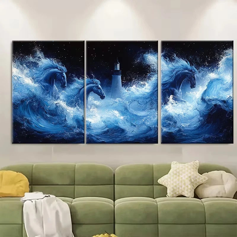3pcs Lighthouse Ocean Art Sea Horses Metal Print Ready to Hang Art