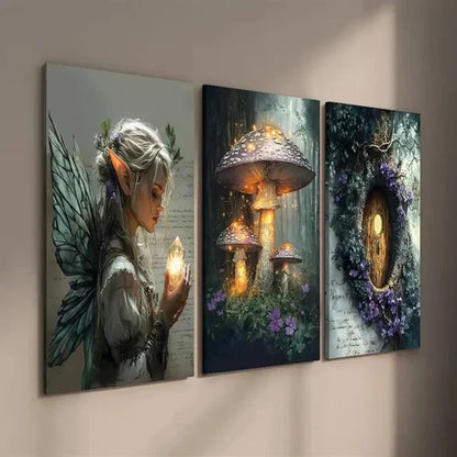 3pcs Fairy Girl and Mysterious Forest Mushrooms Wall Art Set Canvas Unframed - High Quality Print 100% Australian Made Wall Canvas