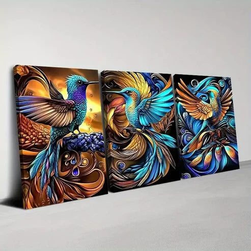 3pcs Beautiful Golden and Blue Abstract Bird Wall Art Canvas Unframed - High Quality Print 100% Australian Made Wall Canvas - Bella Home Decor