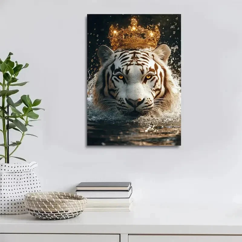 Contemporary Luxury White Tiger with Golden Painting 40x60cm Metal Print Ready to Hang - Bella Home Decor