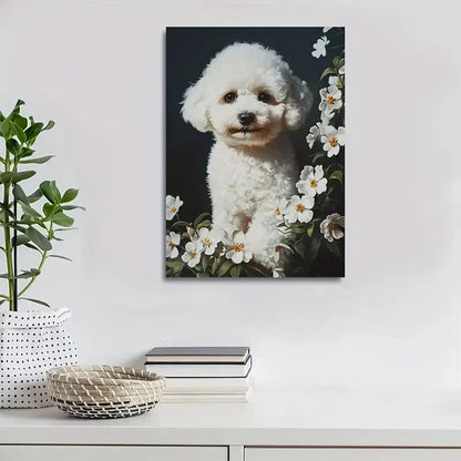 Bichon Frise & White Flowers Painting 40x60cm Metal Print Ready to Hang - Bella Home Decor