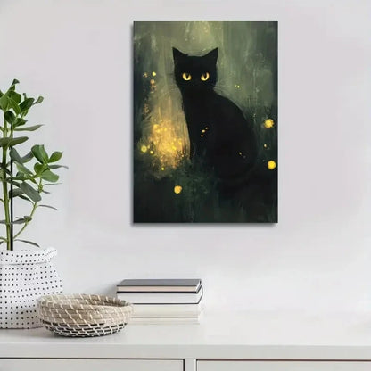Whimsical Black Cat Contemporary Painting 40x60cm Metal Print Ready to Hang - Bella Home Decor