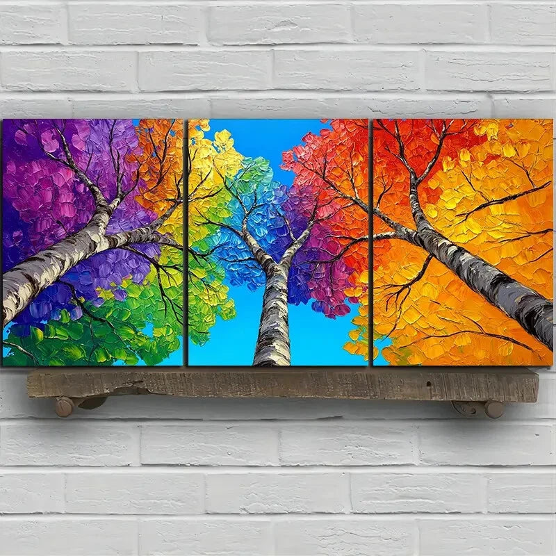 3pcs Colorful Trees Blue Sky Yellow Red Metal Print Ready to Hang Art - Bella Home Decor