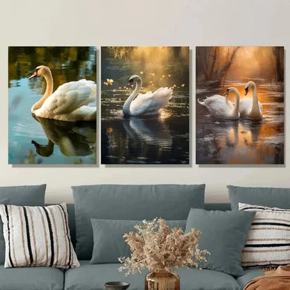 3pcs Elegant White Swans In Serene Water Wall Art Set Canvas Unframed - High Quality Print 100% Australian Made Wall Canvas