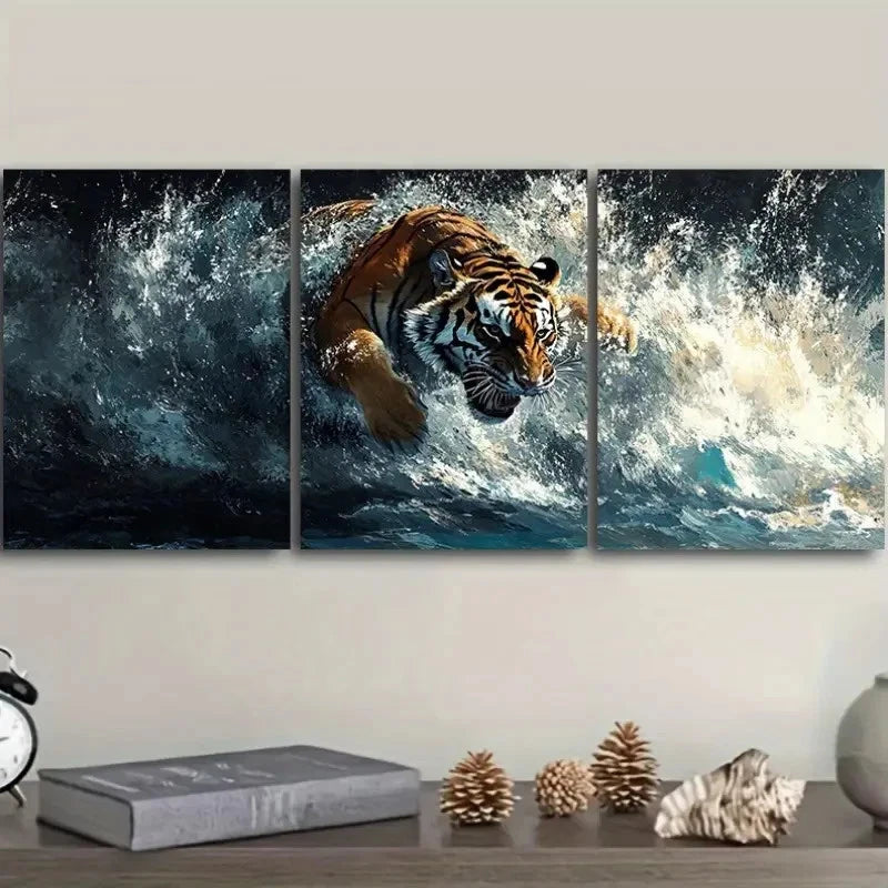3pcs Tiger in Water Realistic Water Effects A  Wall Art Set Canvas Framed 50x70cm - High Quality Print 100% Australian Made Wall Canvas Ready to Hang