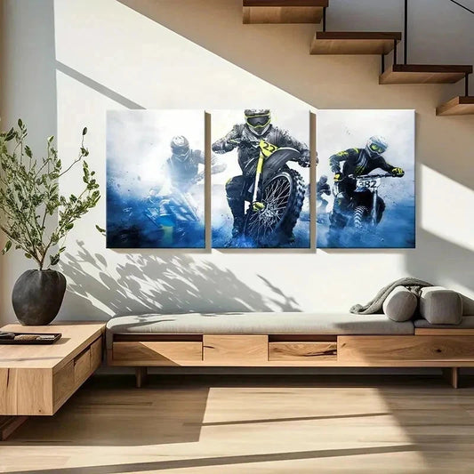 3pcs Action Packed Dirt Bike Racing Wall Art Set Canvas Framed 40x60cm - High Quality Print 100% Australian Made Wall Canvas Ready to Hang