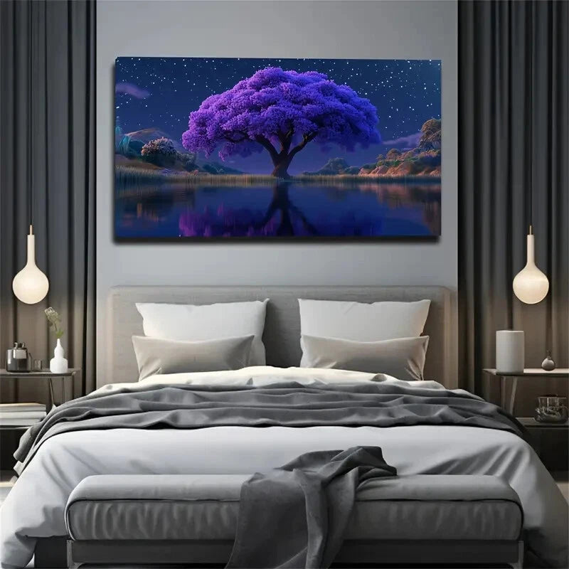 Glowing Purple Trees Wall Art canvas office home room framed 120x60cm - Bella Home Decor