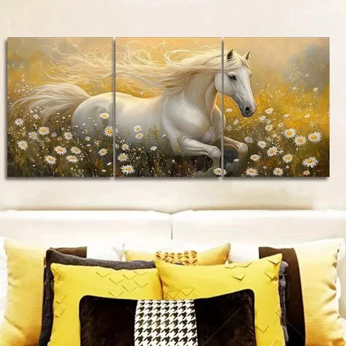 3pcs White Horse Running in Meadow Wall Art Canvas Unframed - High Quality Print 100% Australian Made Wall Canvas