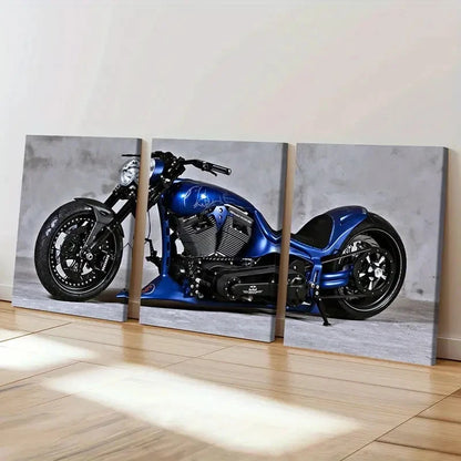 3pcs Blue Retro Motorcycle Vehicle Wall Art Set Canvas Framed 60x90cm - High Quality Print 100% Australian Made Wall Canvas Ready to Hang - Bella Home Decor