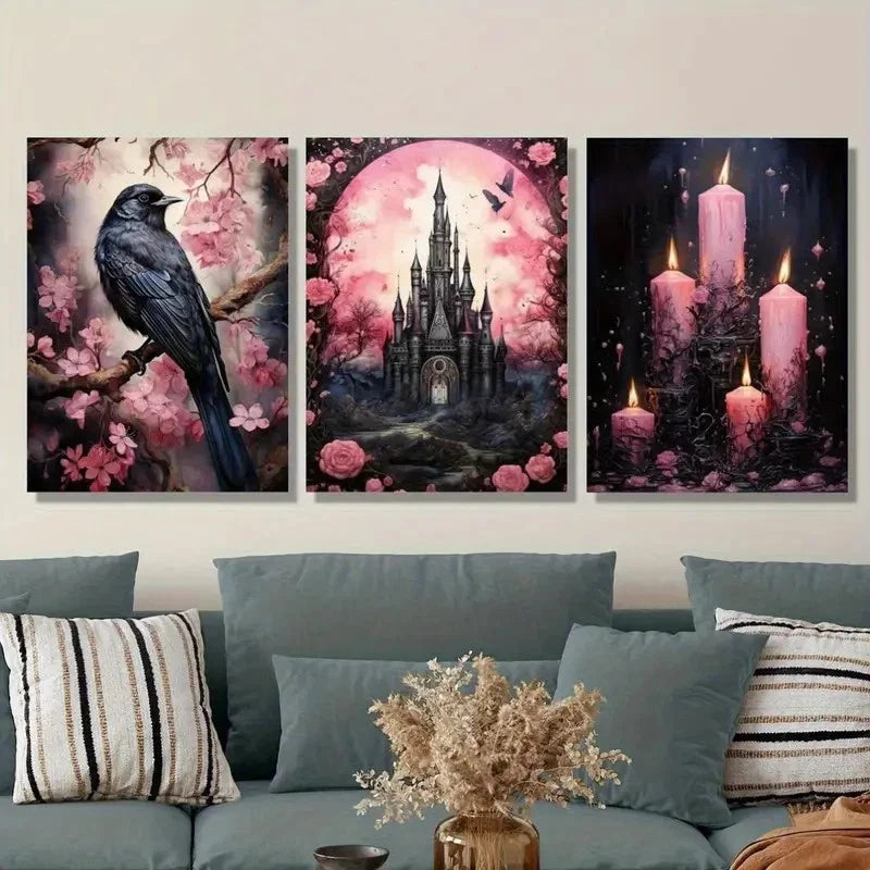 3pcs Vintage Dark Academia Pink  with Crow Wall Art Set Canvas Framed 50x70cm - High Quality Print 100% Australian Made Wall Canvas Ready to Hang - Bella Home Decor