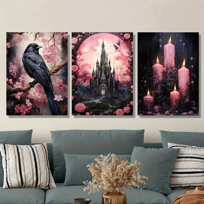3pcs Vintage Dark Academia Pink  with Crow Wall Art Set Canvas Framed 50x70cm - High Quality Print 100% Australian Made Wall Canvas Ready to Hang - Bella Home Decor