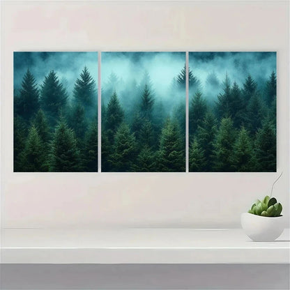 3pcs Fog Forest Modern Pine Trees Metal Print Ready to Hang Art - Bella Home Decor