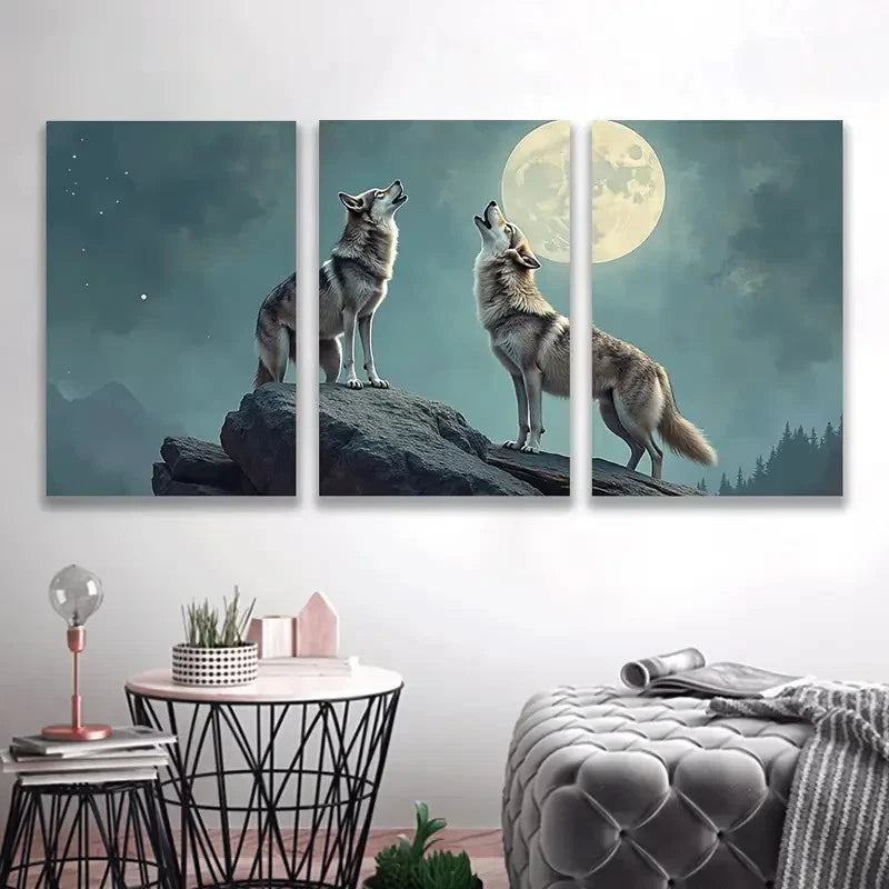 3pcs Wolf Howls at the Moon Y Wall Art Set Canvas Framed 60x90cm - High Quality Print 100% Australian Made Wall Canvas Ready to Hang - Bella Home Decor