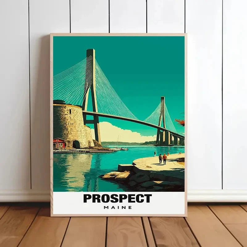 Prospect Maine Coastal Bridge Turquoise & White Travel Poster Print Wall Art