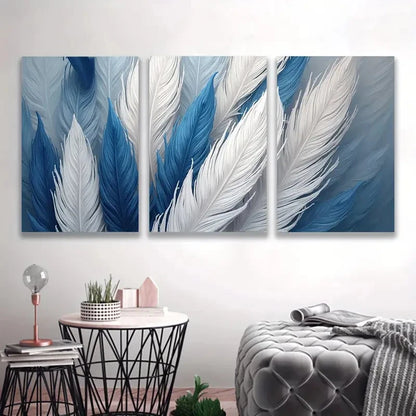 3pcs Blue White Plumage Feather Design  Wall Art Set Canvas Framed 60x90cm - High Quality Print 100% Australian Made Wall Canvas Ready to Hang - Bella Home Decor