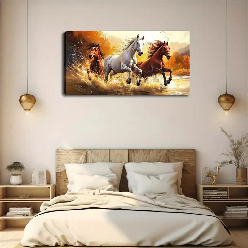 Majestic Three Galloping Horses Wall Art Canvas Office Home Room Framed 120x60cm - Bella Home Decor