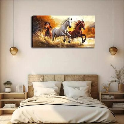Majestic Three Galloping Horses Wall Art Canvas Office Home Room Framed 120x60cm - Bella Home Decor