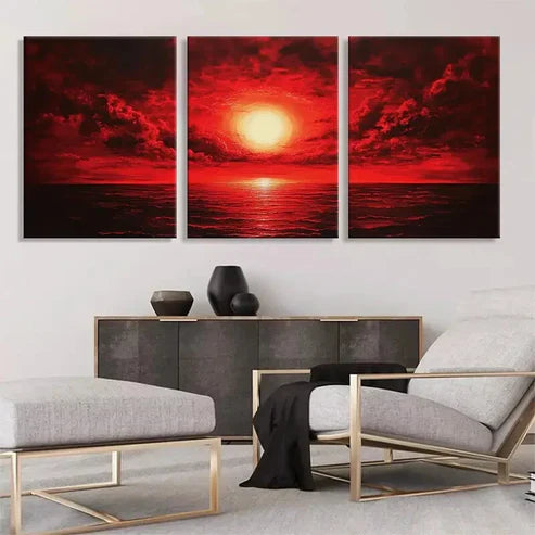 3pcs Red Sunset Ocean Sky and Sea Perfect Wall Art Set Canvas Unframed - High Quality Print 100% Australian Made Wall Canvas