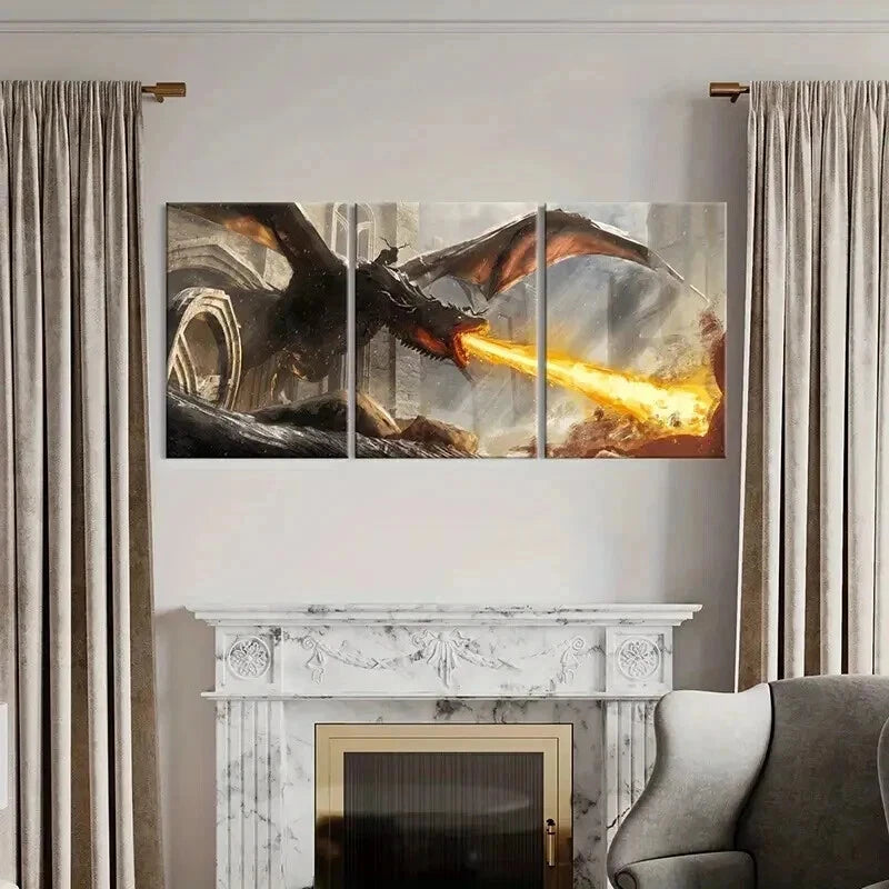 3pcs Fantasy Dragons & Mythical Creatures Wall Art Set Canvas Framed 50x70cm - High Quality Print 100% Australian Made Wall Canvas Ready to Hang - Bella Home Decor