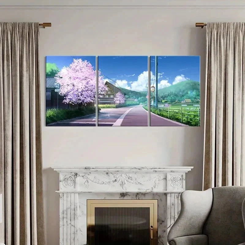 3pcs Japanese Sakura Anime Landscape Wall Art Set Canvas Framed 50x70cm - High Quality Print 100% Australian Made Wall Canvas Ready to Hang