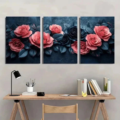 3pcs Unique Black Roses & Pink Roses Wall Art Canvas Unframed - High Quality Print 100% Australian Made Wall Canvas