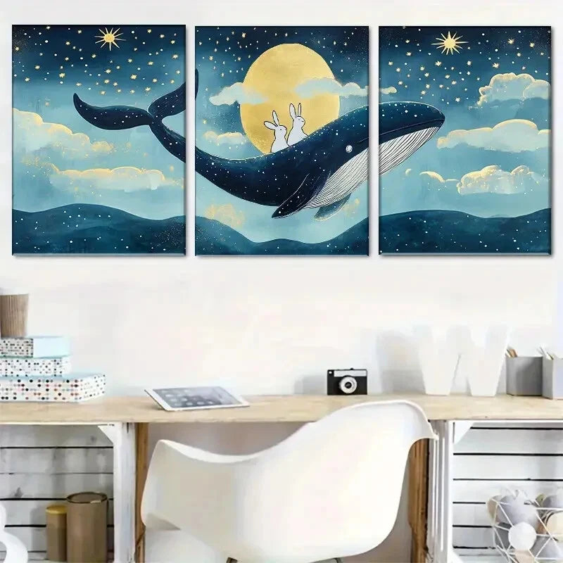 3pcs Rabbits Riding a Majestic Whale Perfect Wall Art Set Canvas Framed 40x60cm - High Quality Print 100% Australian Made Wall Canvas Ready to Hang - Bella Home Decor