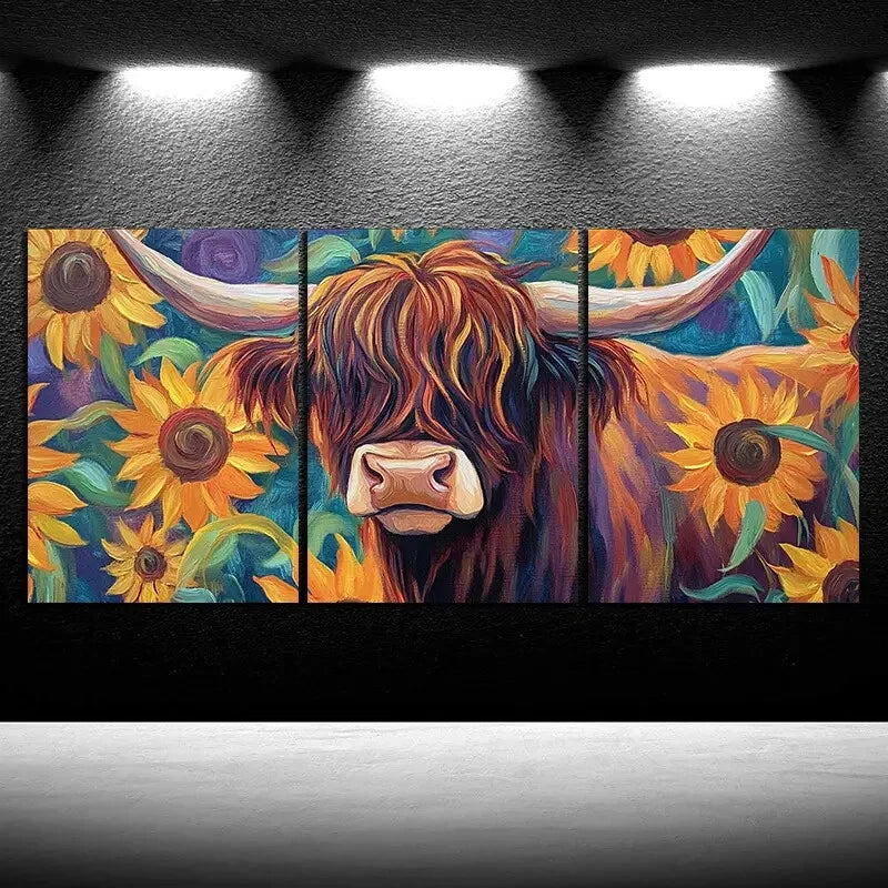 3pcs Sunflowers And Cows Oil Painting Metal Print Ready to Hang Art - Bella Home Decor