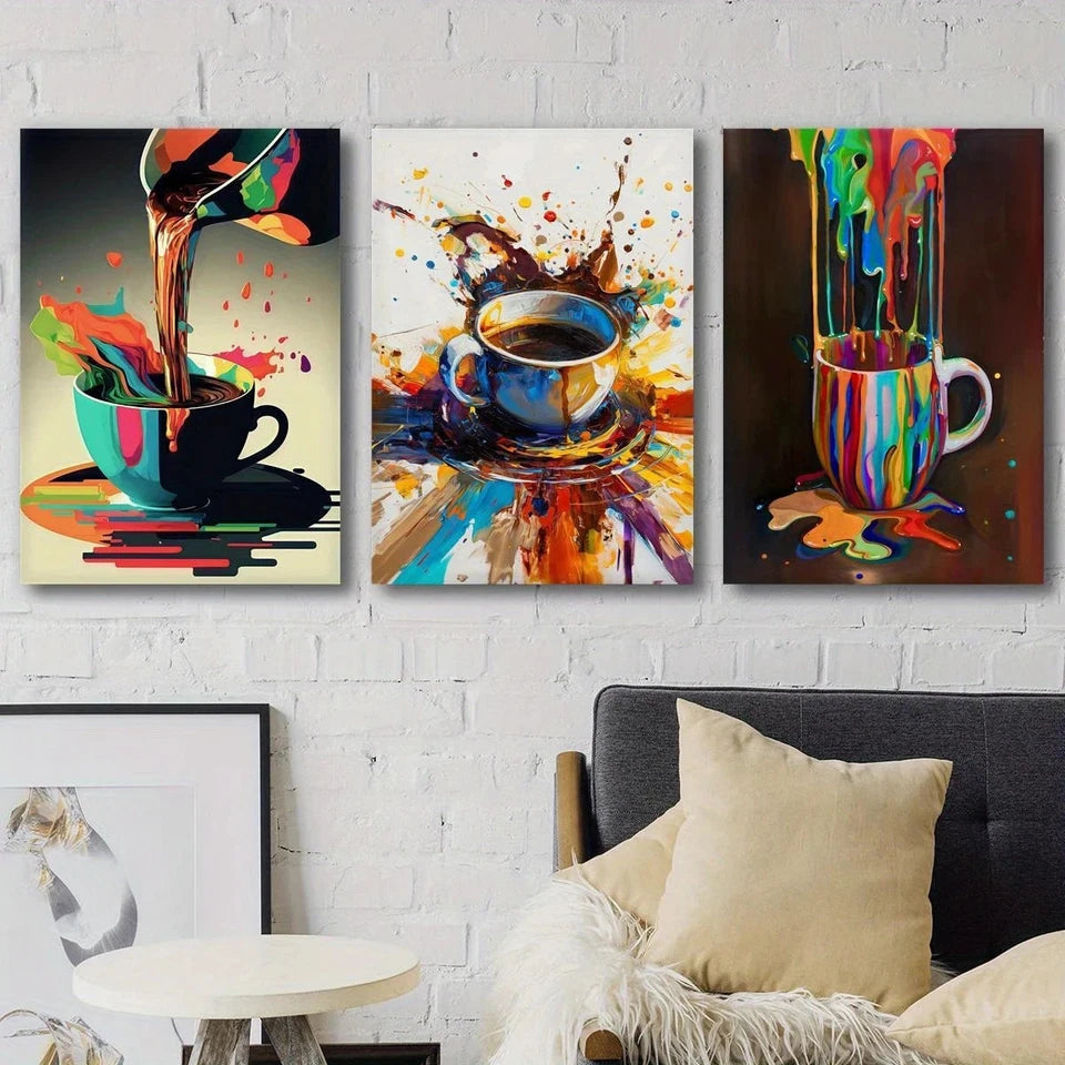 3pcs Vibrant Coffee Splatter Colorful Design Metal Print Ready to Hang Art