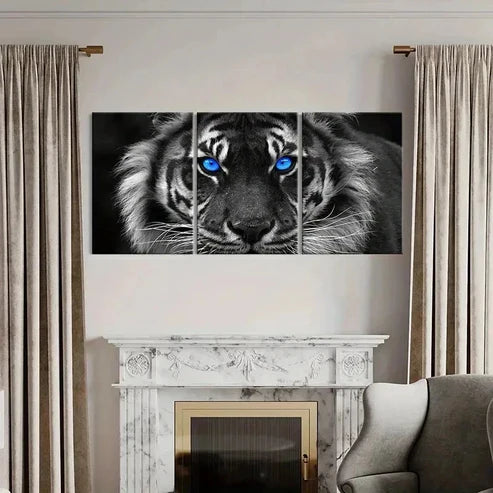 3pcs Gray Tiger Portrait with Blue Eyes Wall Art Canvas Unframed - High Quality Print 100% Australian Made Wall Canvas